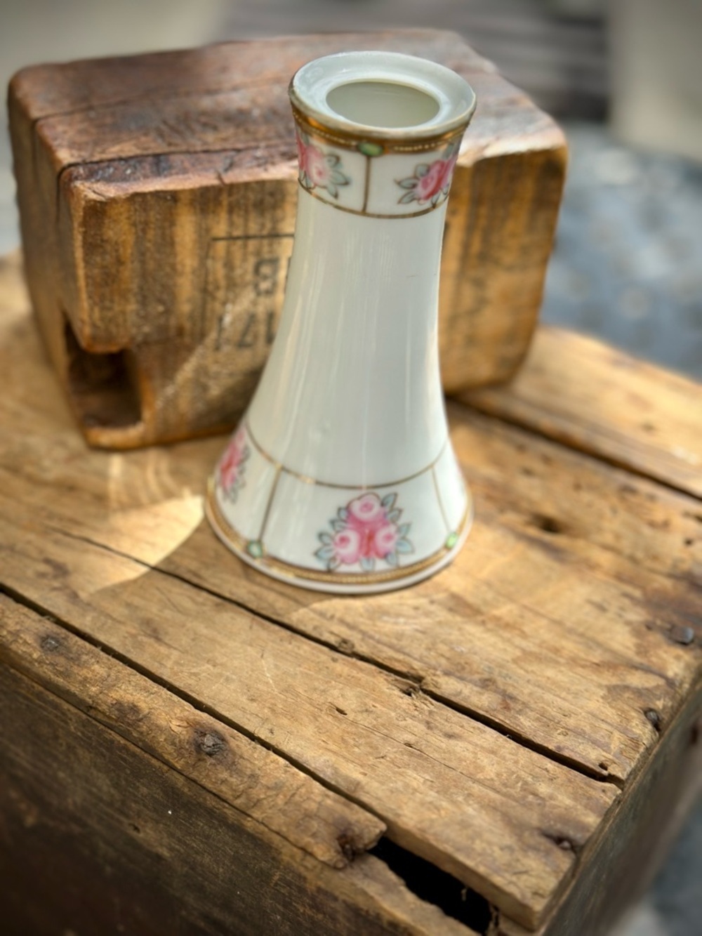 Antique Nippon Porcelain Vase Pink Roses Raised Gold Beaded Trim Japan